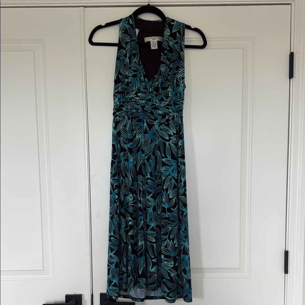 Evan Picone Midi Teal Leaf Print Dress